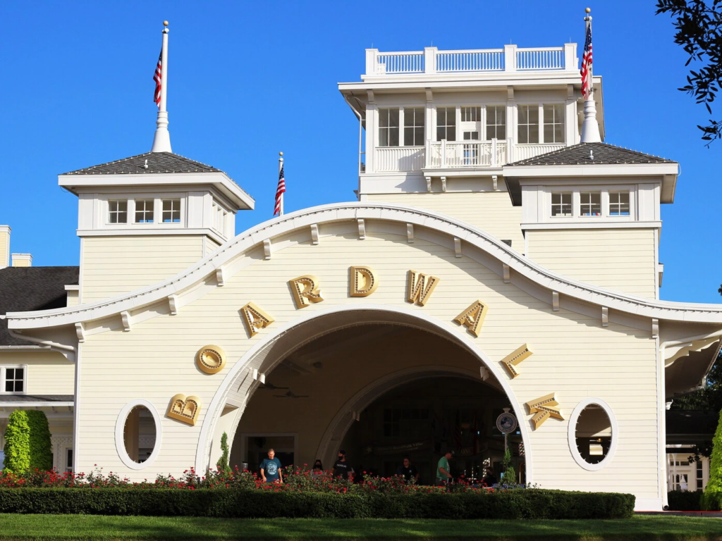 Arched entrance to Disney's BoardWalk Villas. Learn DVC Resale Tactics to stay at this iconic resort.