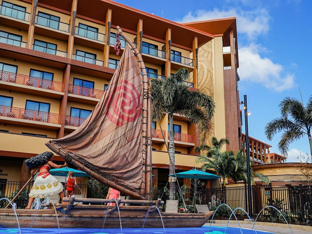 Moana-themed outrigger canoe splash pad at the Island Tower at Disney's Polynesian Village Resort.
