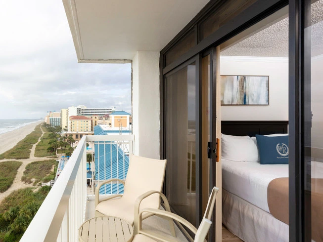 Oceanfront balcony looking into a bedroom at Westgate Myrtle Beach Resort, assessing timeshare values over time.