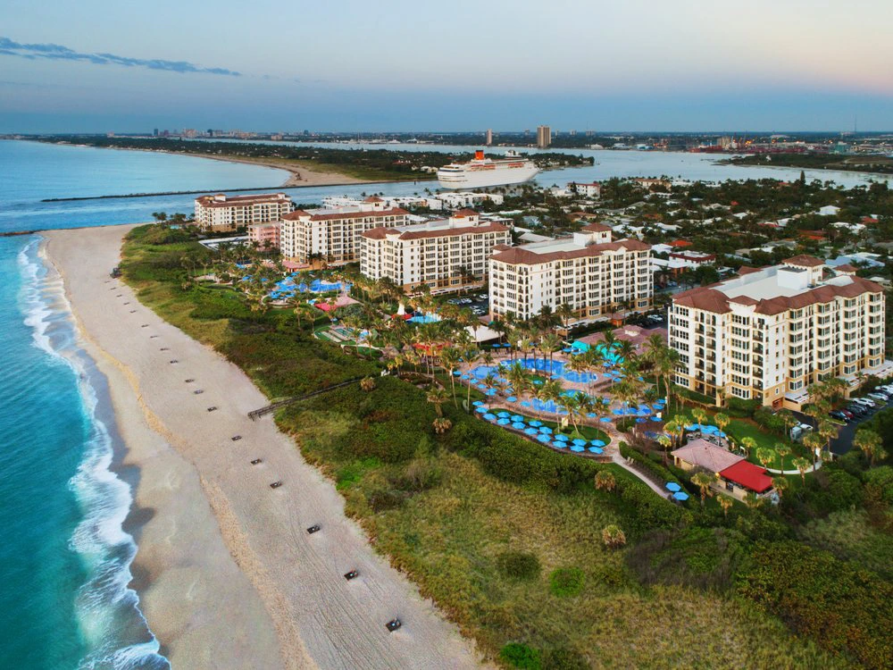 Stunning aerial view of Marriott's Ocean Pointe resort, featuring beachfront pools and oceanfront buildings.