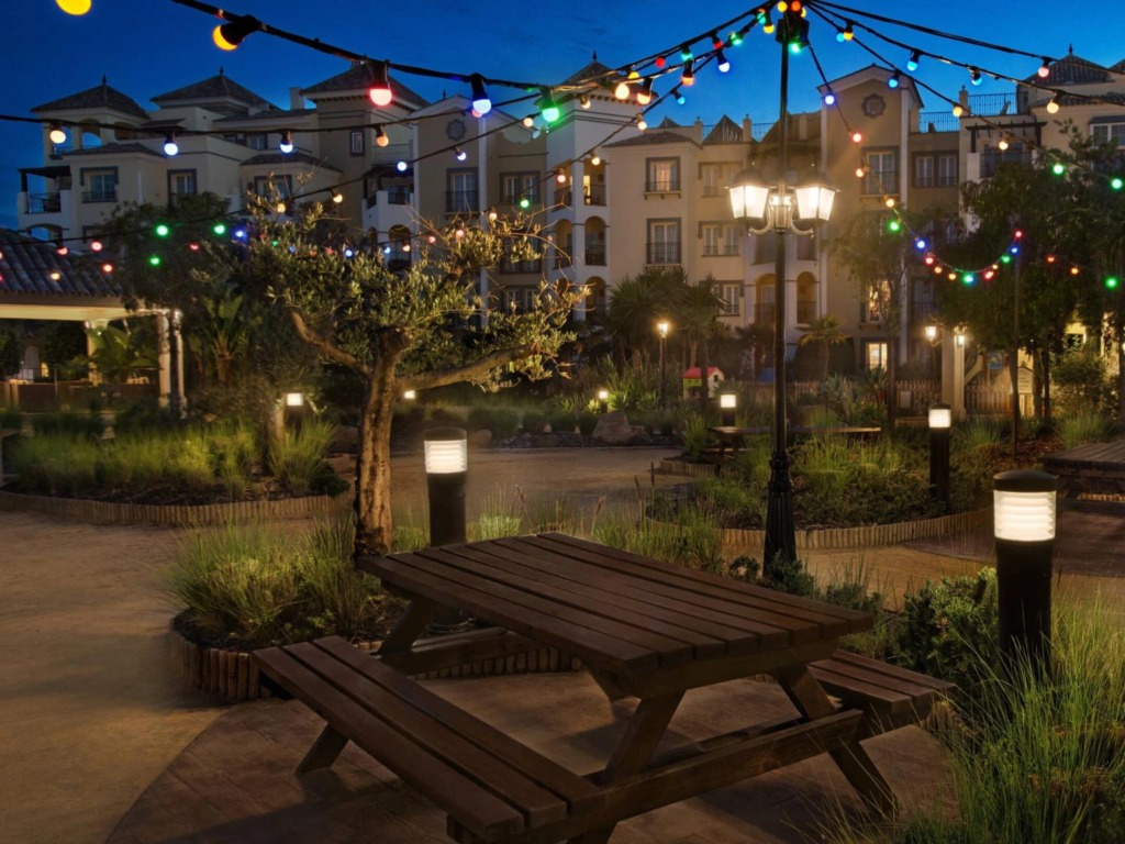 Illuminated courtyard at Marriott's Playa Andaluza at night. Wondering how much does marriott timeshare cost?