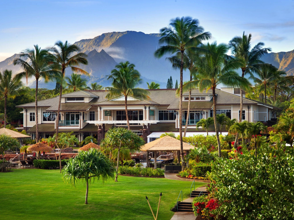 Lush tropical exterior of Westin Princeville Ocean Resort. Wondering how much does marriott timeshare cost?