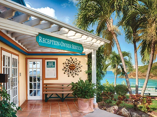 Reception area with a green sign, palm trees, and a view of the ocean.