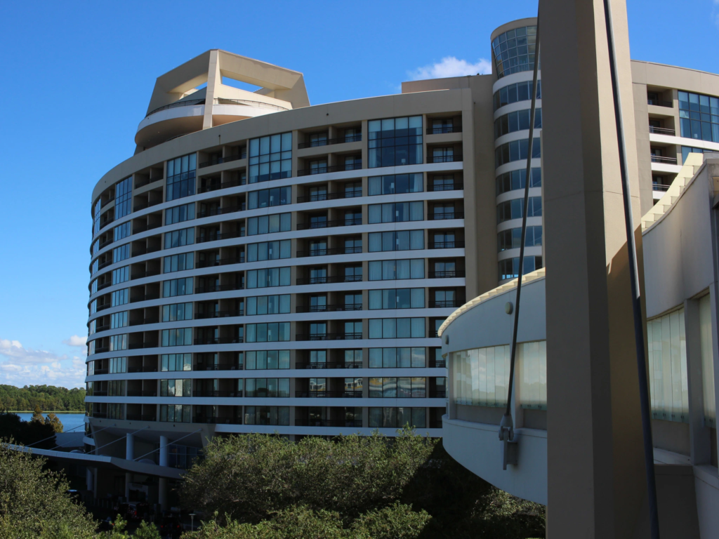 The modern, curved exterior building facade of Bay Lake Tower at Disney's Contemporary Resort.