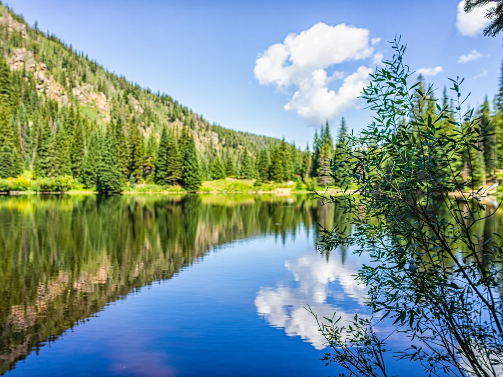 A pristine mountain lake reflecting evergreen trees, ideal for scenic labor day travel.