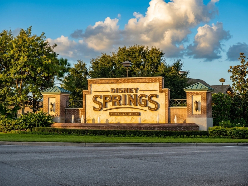 A grand stone welcome monument for Disney Springs featuring small water fountains and lush landscaping under a sunny sky.