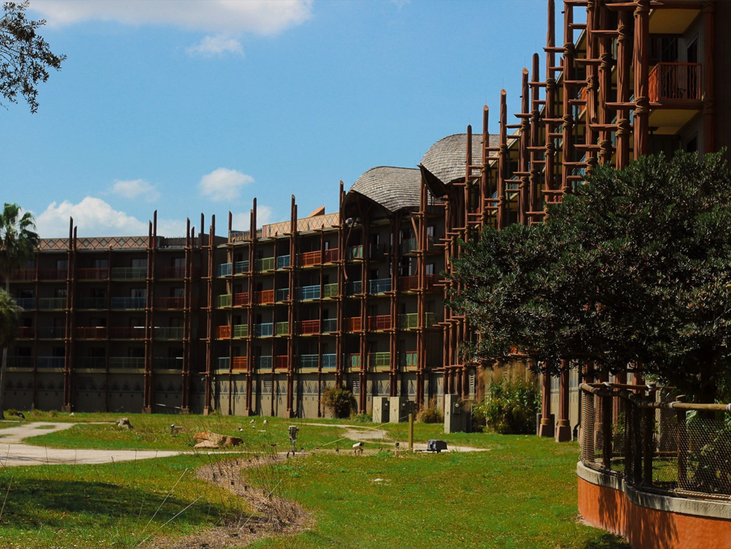 Kidani Village exterior over the savanna, a view supporting animal kingdom lodge DVC resale value.