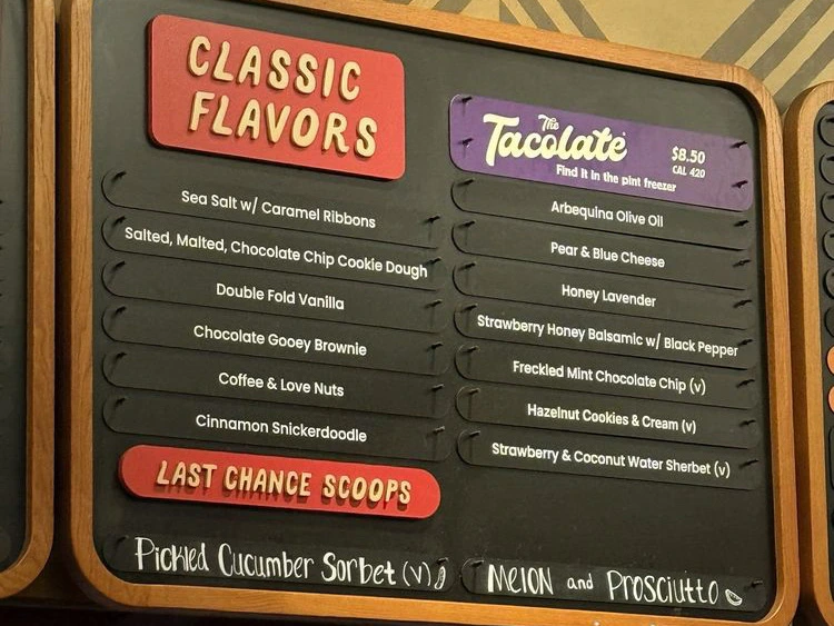 Menu board listing unique ice cream flavors at Salt & Straw, a sweet treat among the Best Downtown Disney Restaurants.