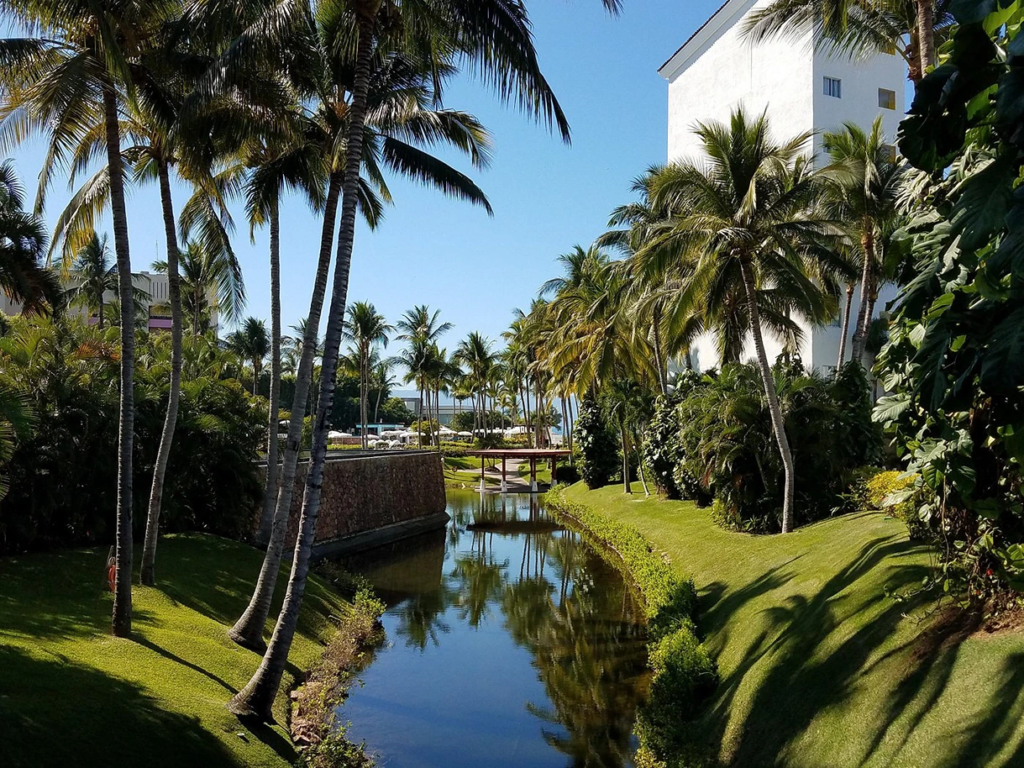 Landscaped resort waterway lined with manicured green lawns, tall palm trees, and a white hotel building.